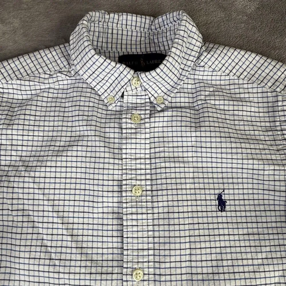 Ralph Lauren Dress Shirt boys 18 White‎ Blue Check Custom Fit Slim Button Down